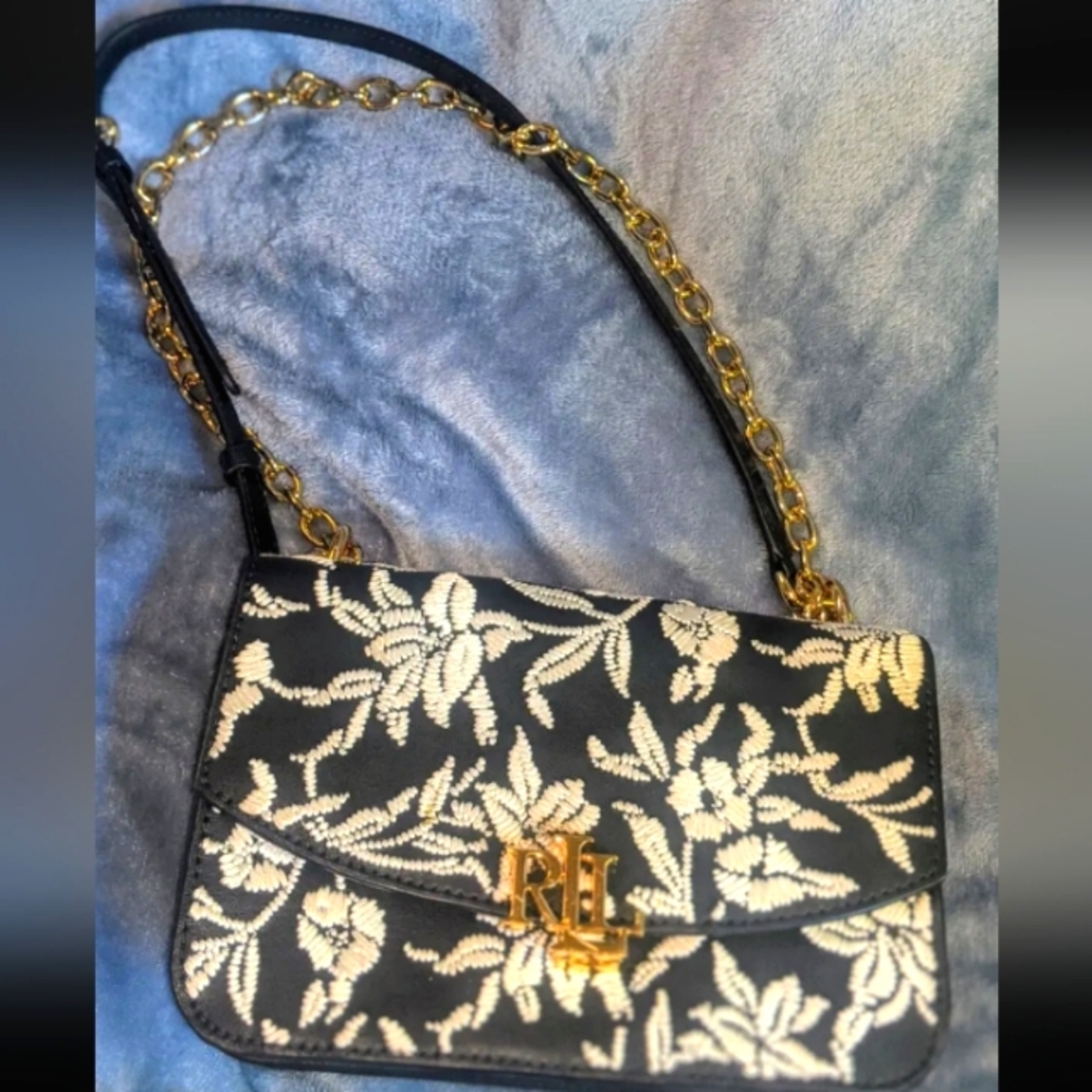 Ralph Lauren LRL Navy Blue Embroidered Floral Leather Purse Crossbody